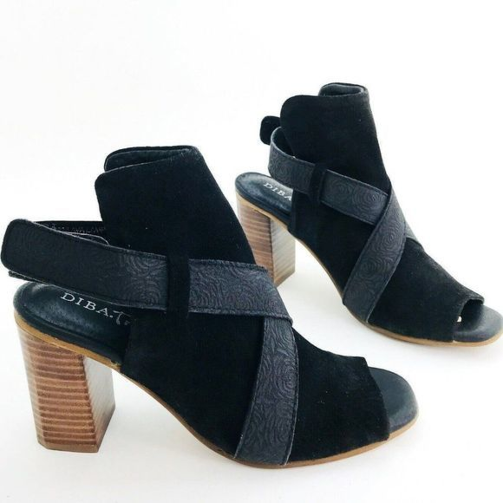 Diba True Lava Lamp Shooties Womens Size 7.5 Black Suede‎ Leather Peep toe Heels